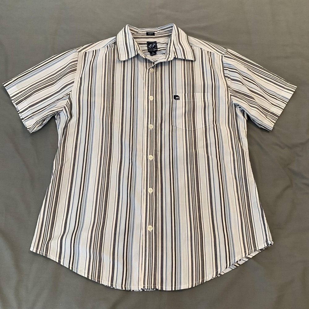 Anchor Blue Shirt Mens Large‎ White Stripe Short Sleeve Button Front Slim Fit